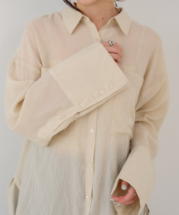 ワイドカフスワンポイント刺繍シアーシャツ