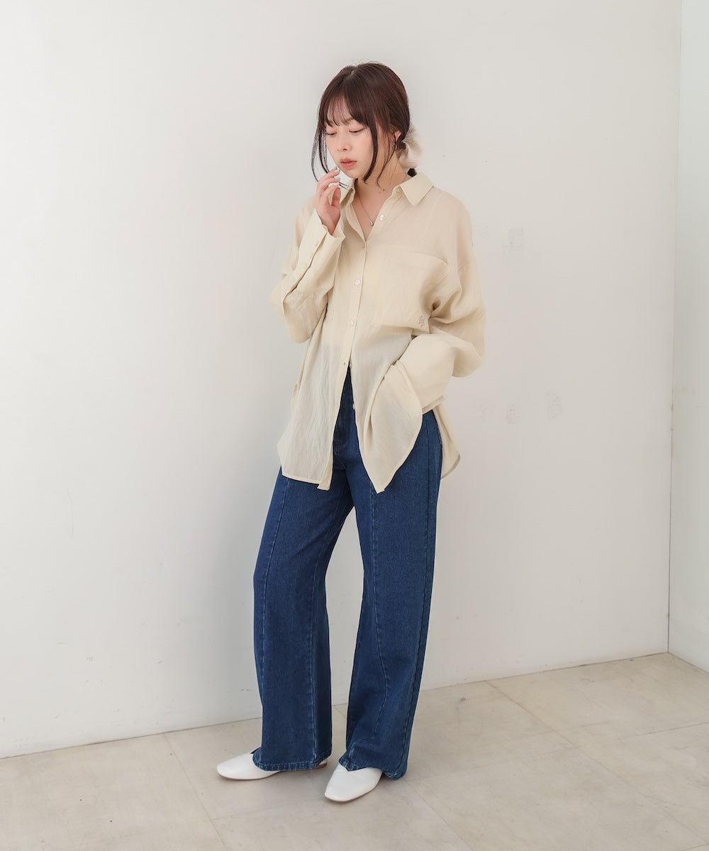 ワイドカフスワンポイント刺繍シアーシャツ
