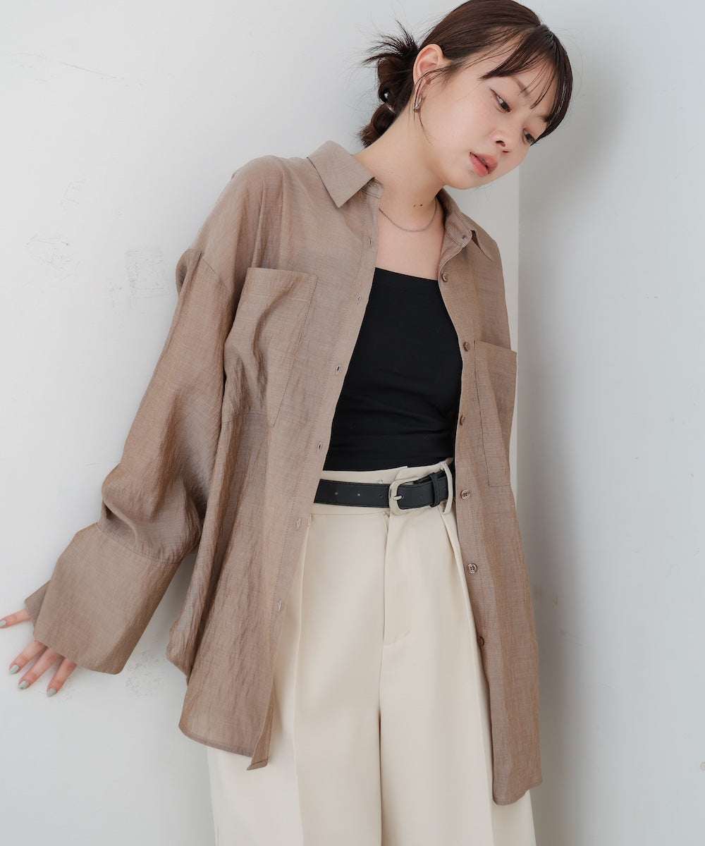 ワイドカフスワンポイント刺繍シアーシャツ