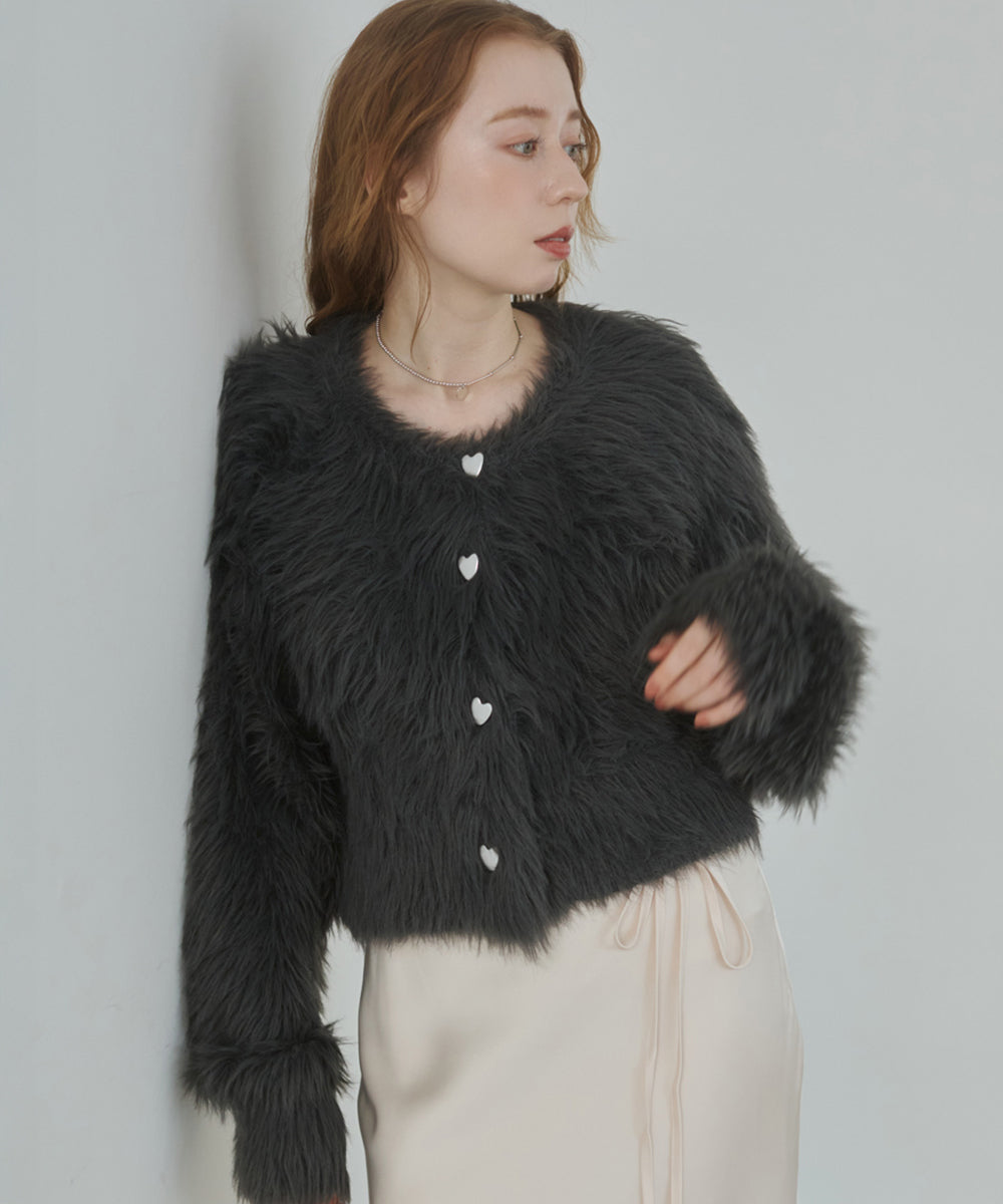 【選べる着丈】ハートボタンシャギーニットカーディガン