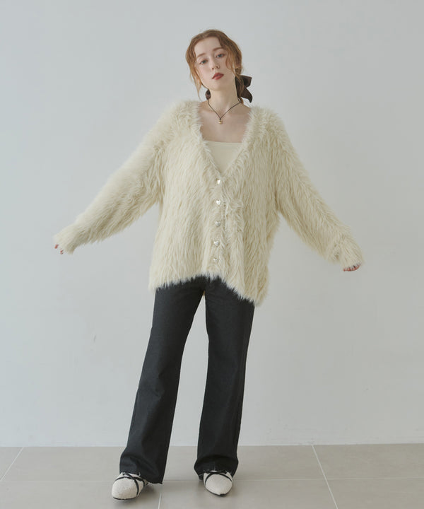 【選べる着丈】ハートボタンシャギーニットカーディガン