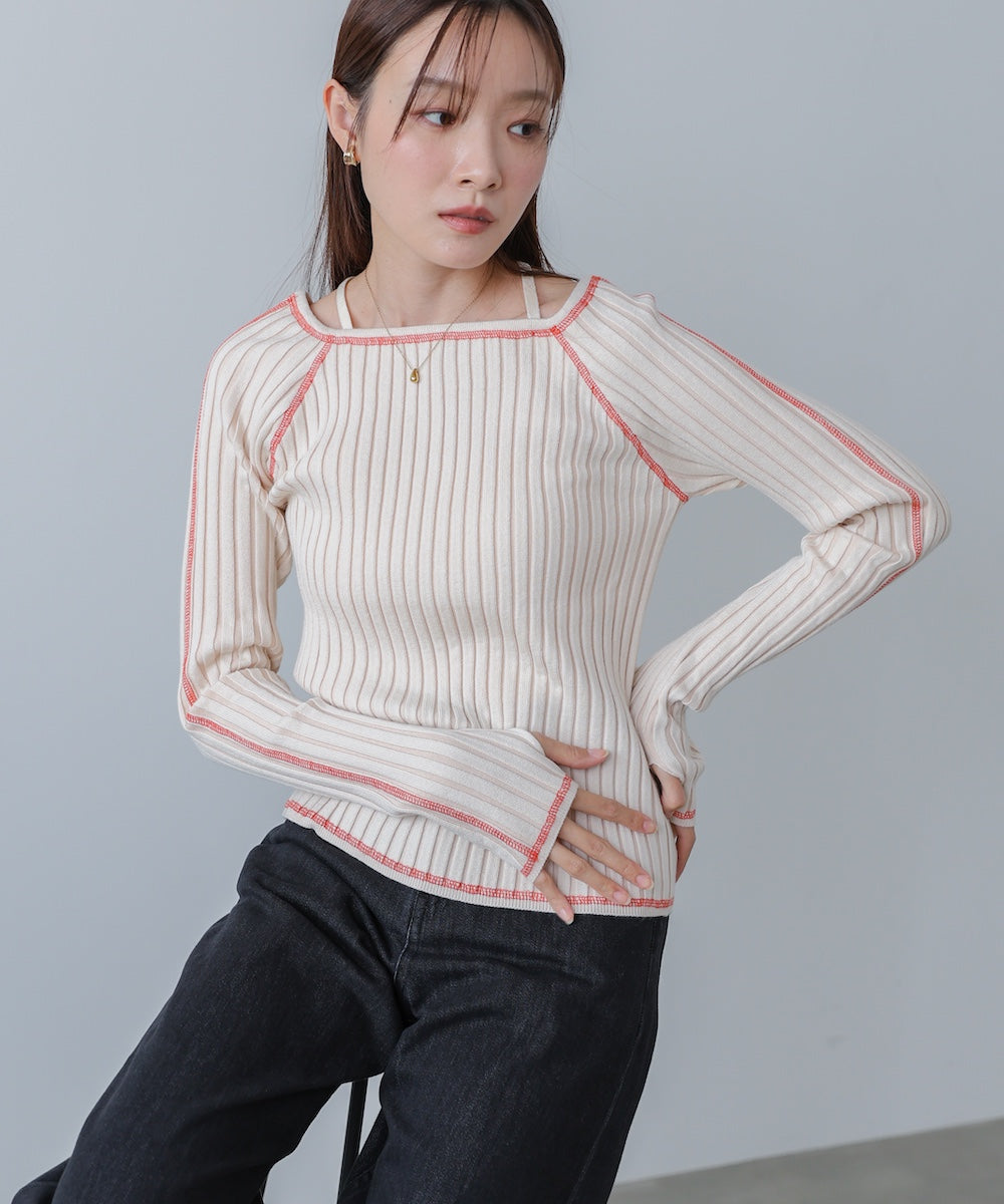 配色ステッチスクエアネックニットトップス