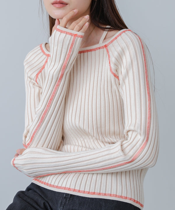 配色ステッチスクエアネックニットトップス