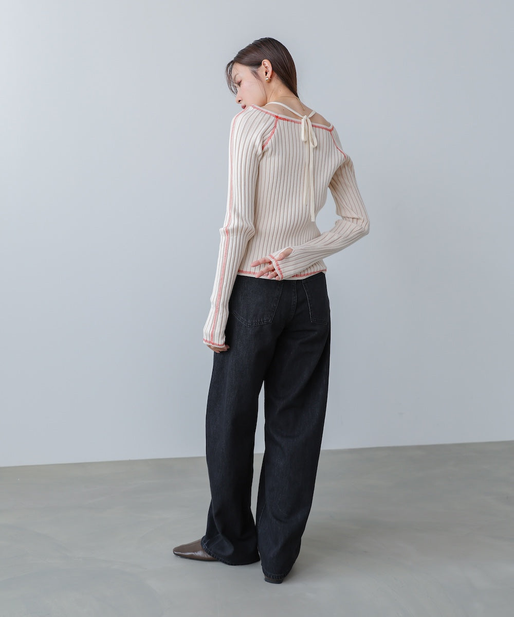 配色ステッチスクエアネックニットトップス