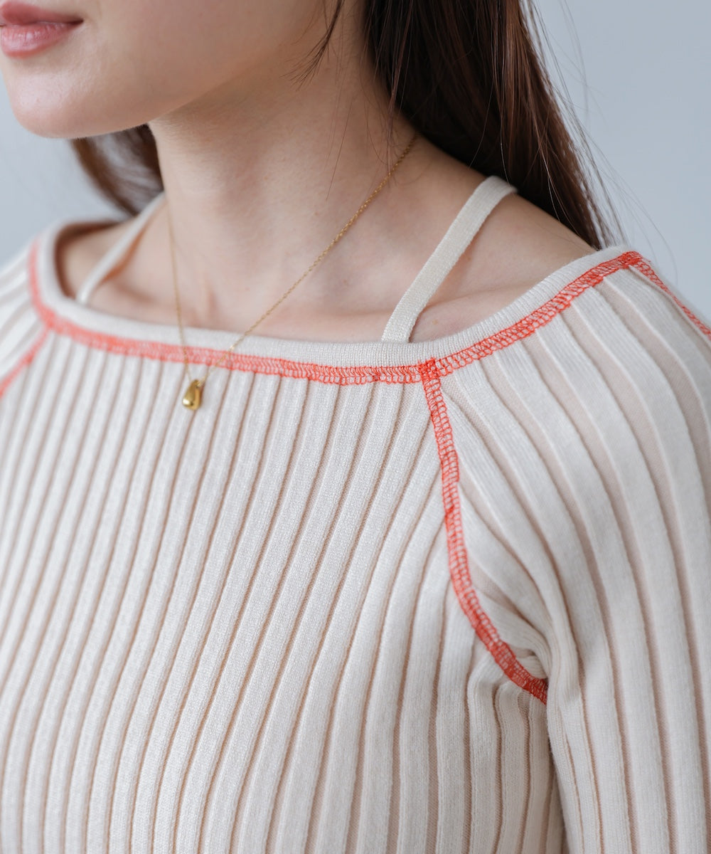 配色ステッチスクエアネックニットトップス