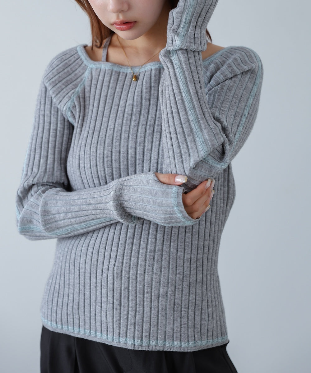 配色ステッチスクエアネックニットトップス