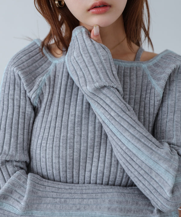 配色ステッチスクエアネックニットトップス