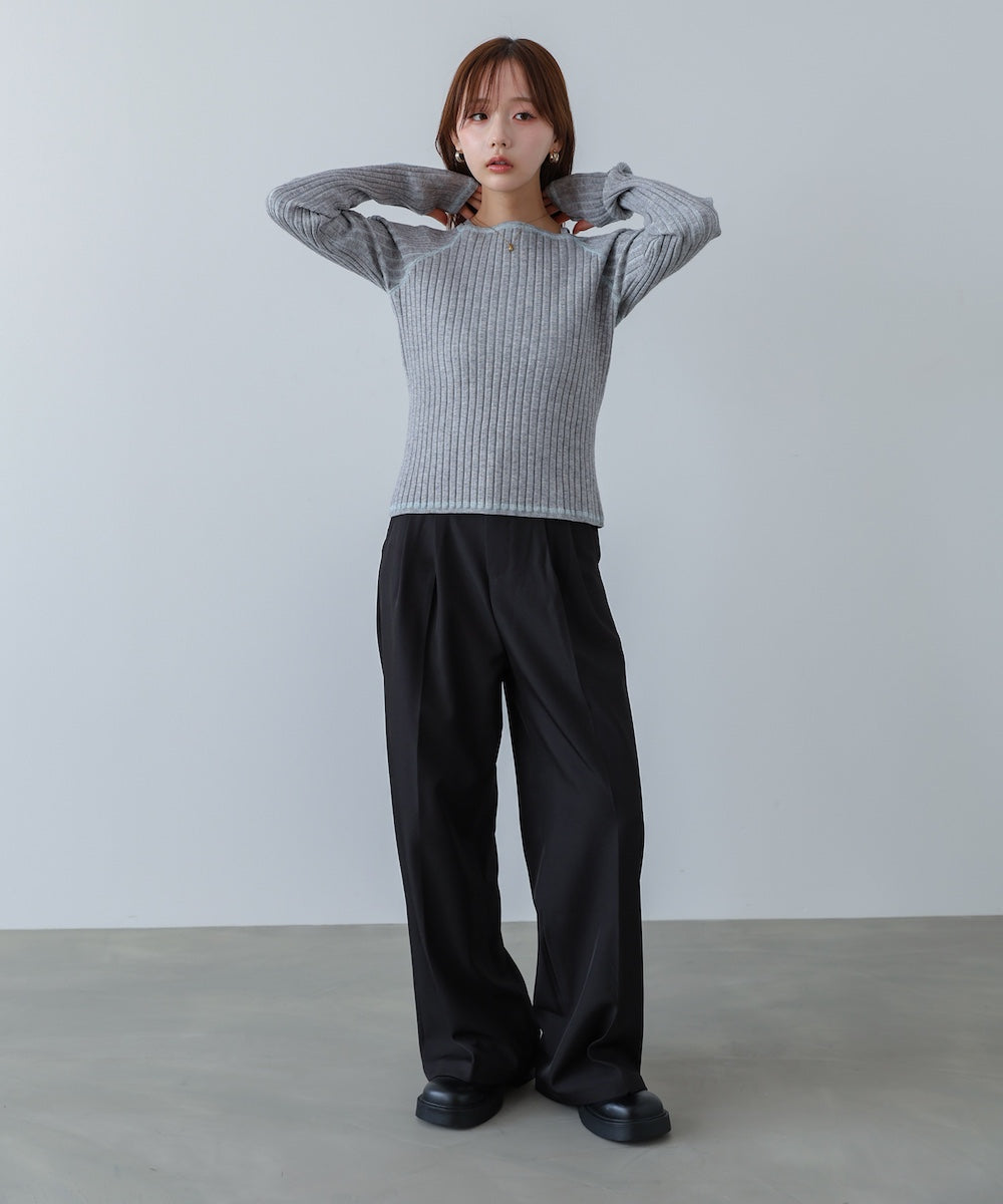 配色ステッチスクエアネックニットトップス