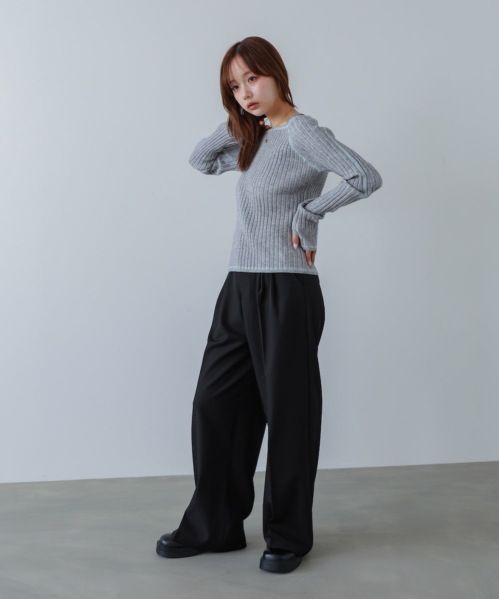 配色ステッチスクエアネックニットトップス