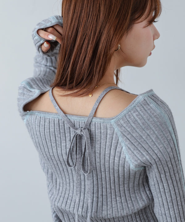 配色ステッチスクエアネックニットトップス