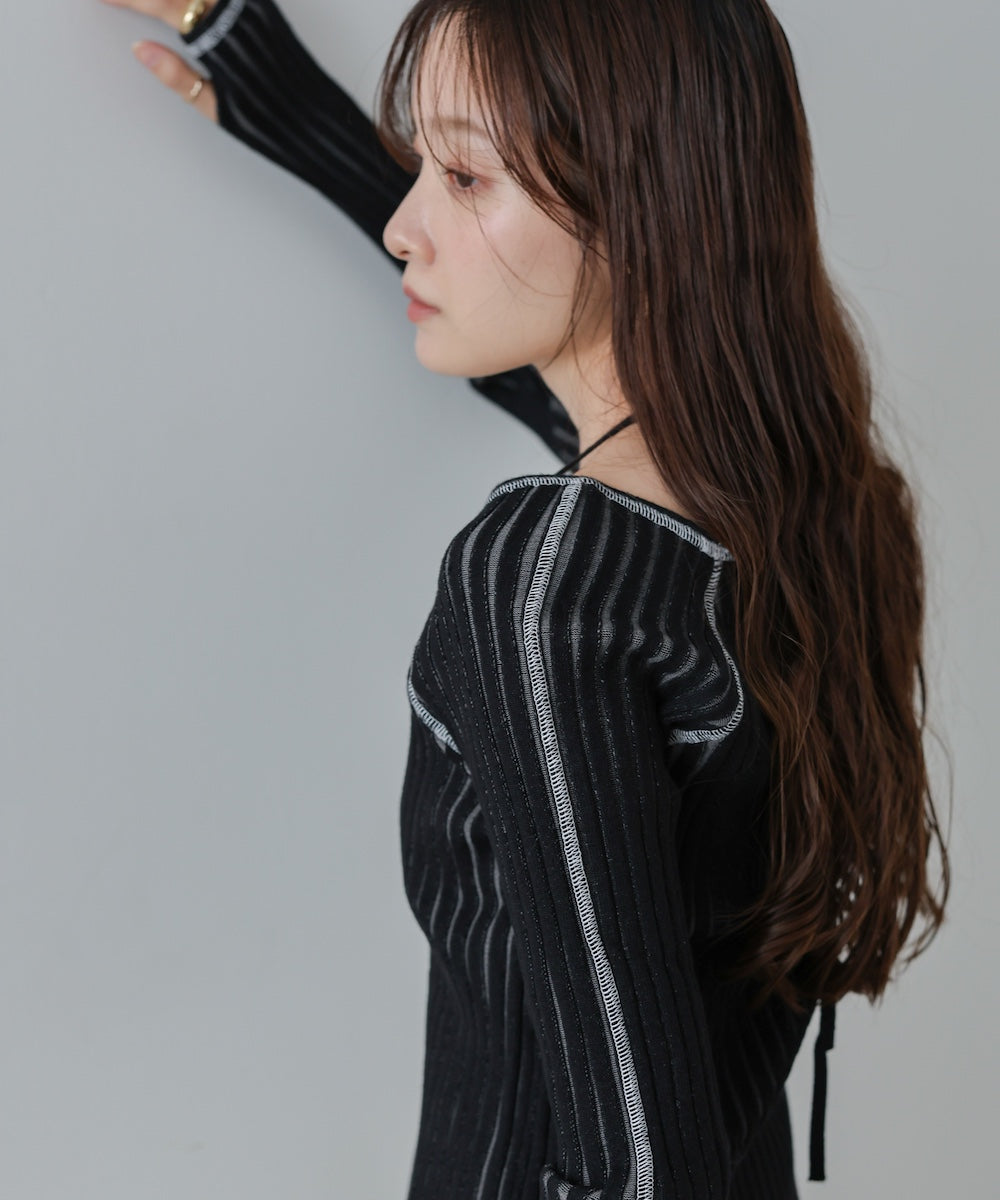 配色ステッチスクエアネックニットトップス