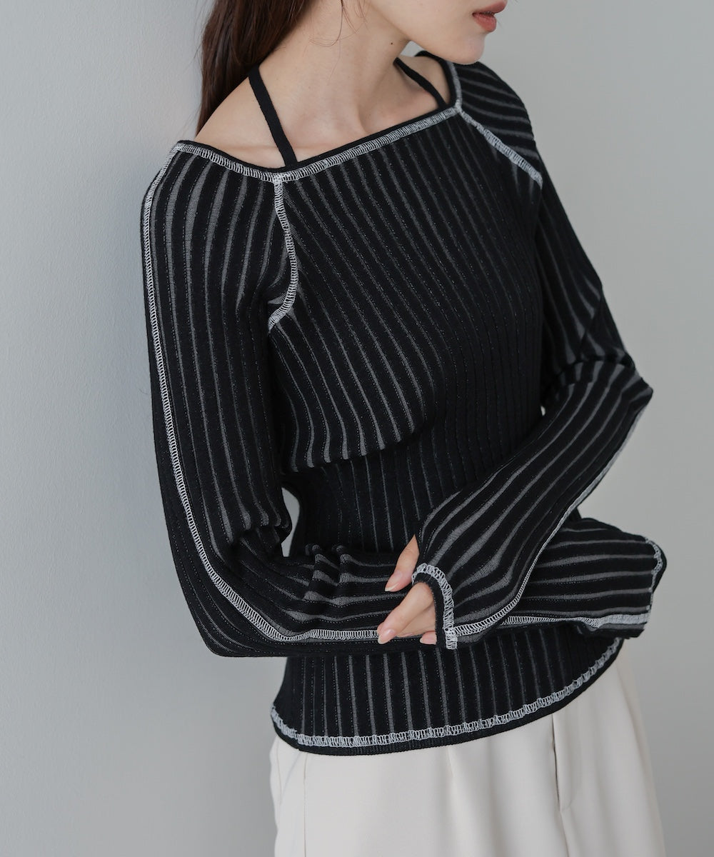 配色ステッチスクエアネックニットトップス