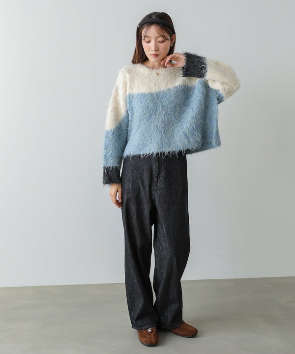 ウェーブ配色ショートニットトップス