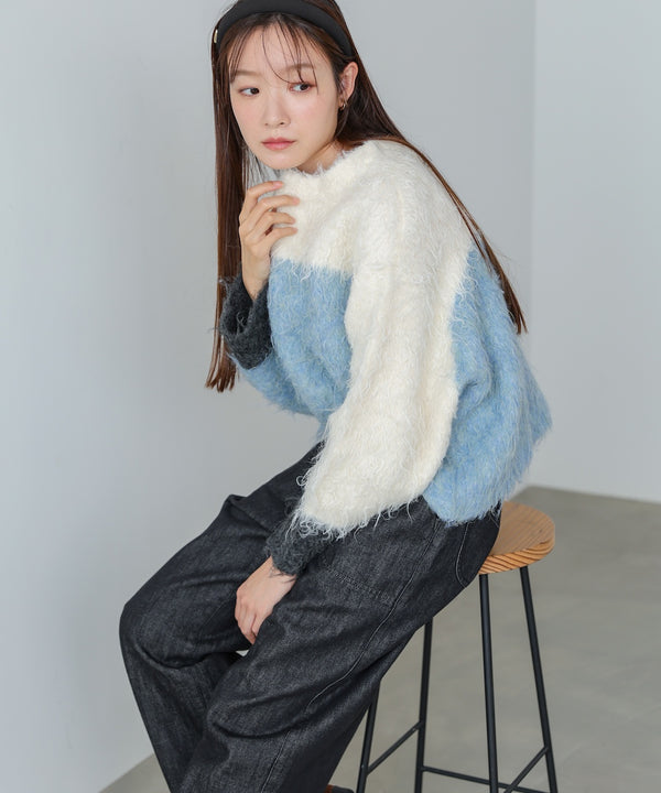 ウェーブ配色ショートニットトップス