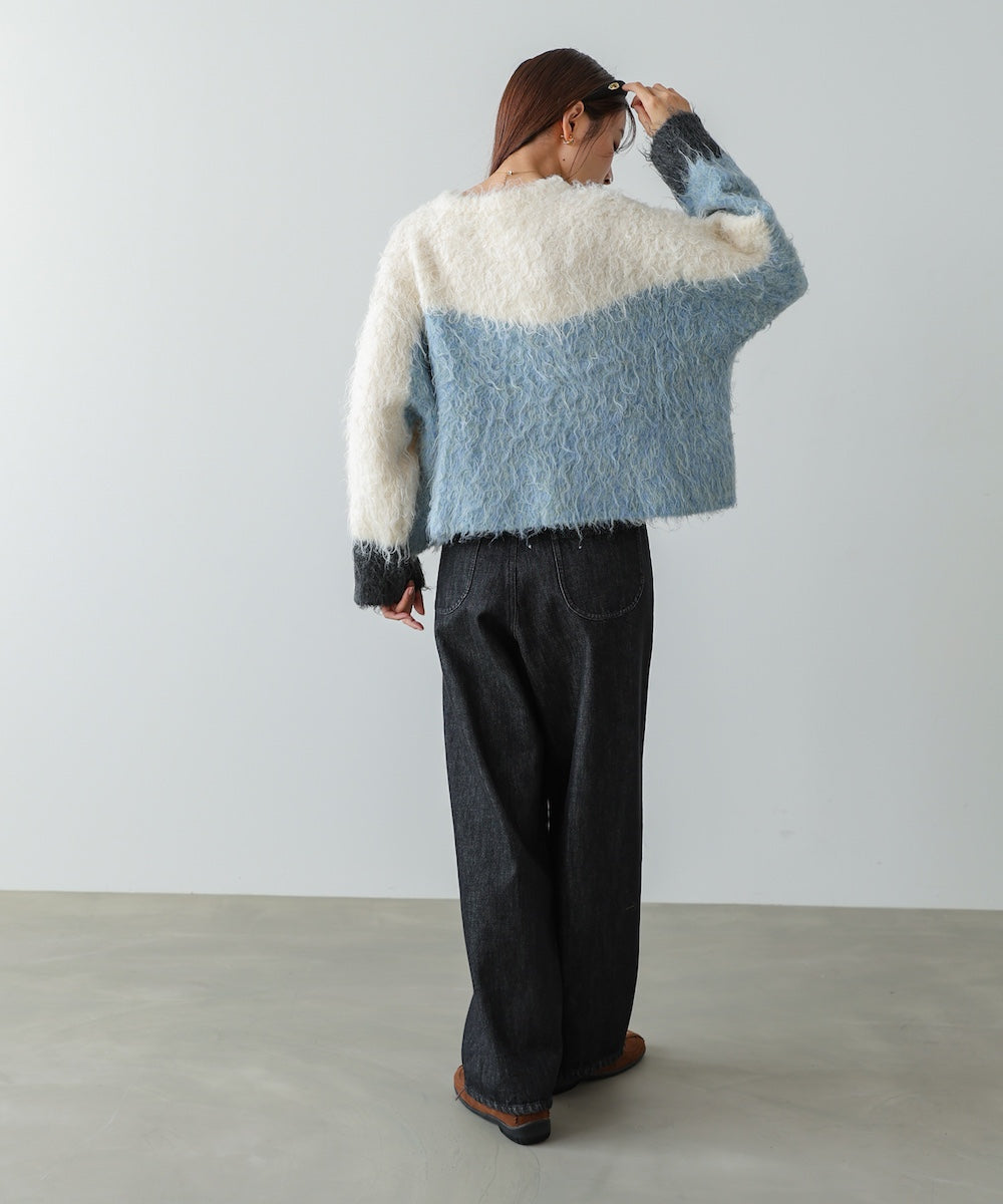 ウェーブ配色ショートニットトップス