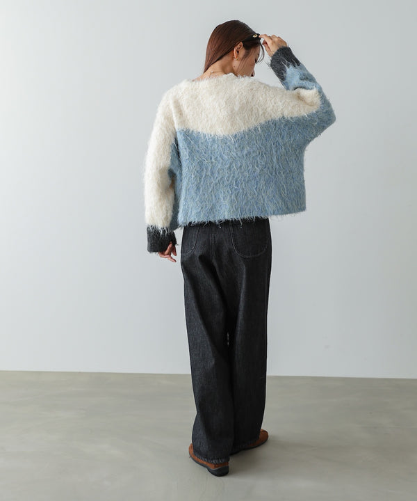 ウェーブ配色ショートニットトップス