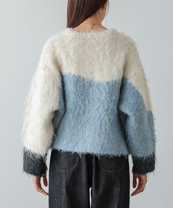 ウェーブ配色ショートニットトップス