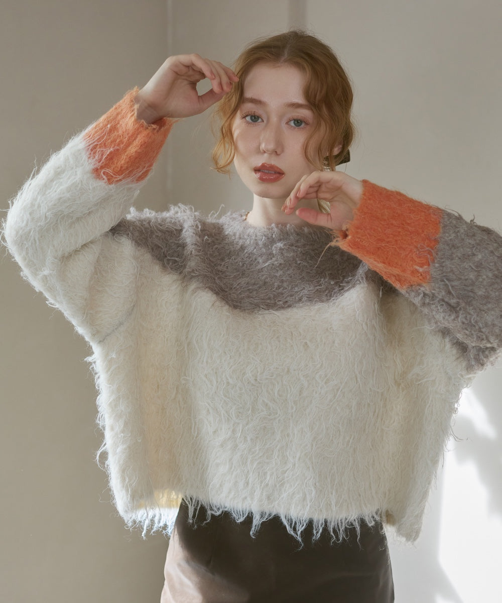 ウェーブ配色ショートニットトップス