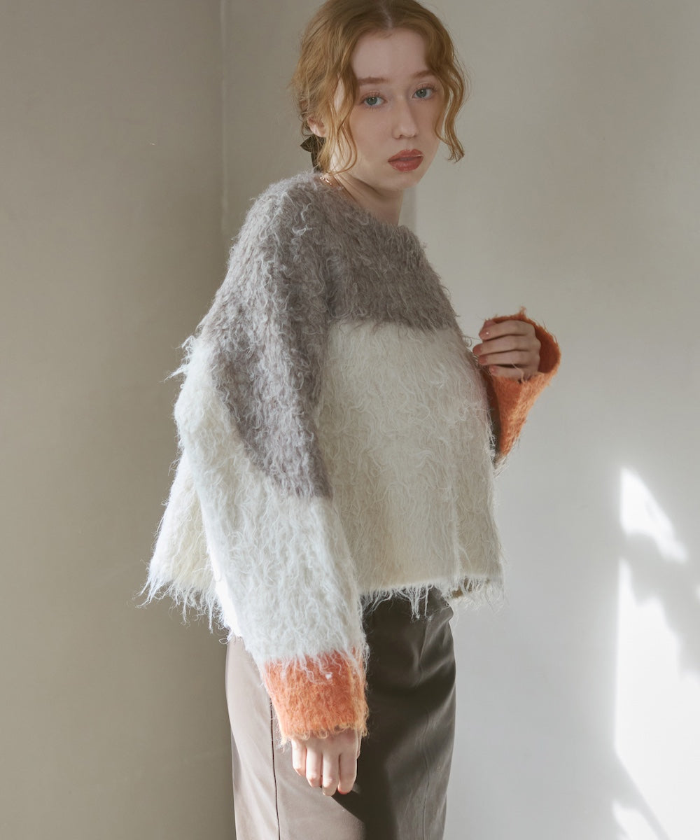 ウェーブ配色ショートニットトップス