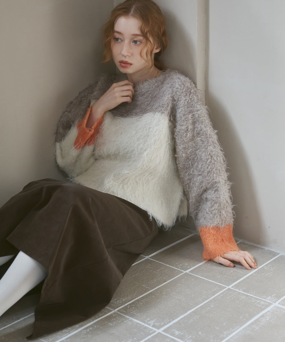 ウェーブ配色ショートニットトップス