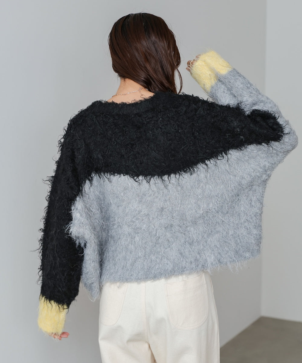 ウェーブ配色ショートニットトップス