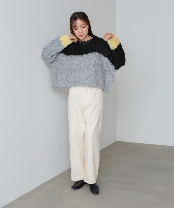 ウェーブ配色ショートニットトップス