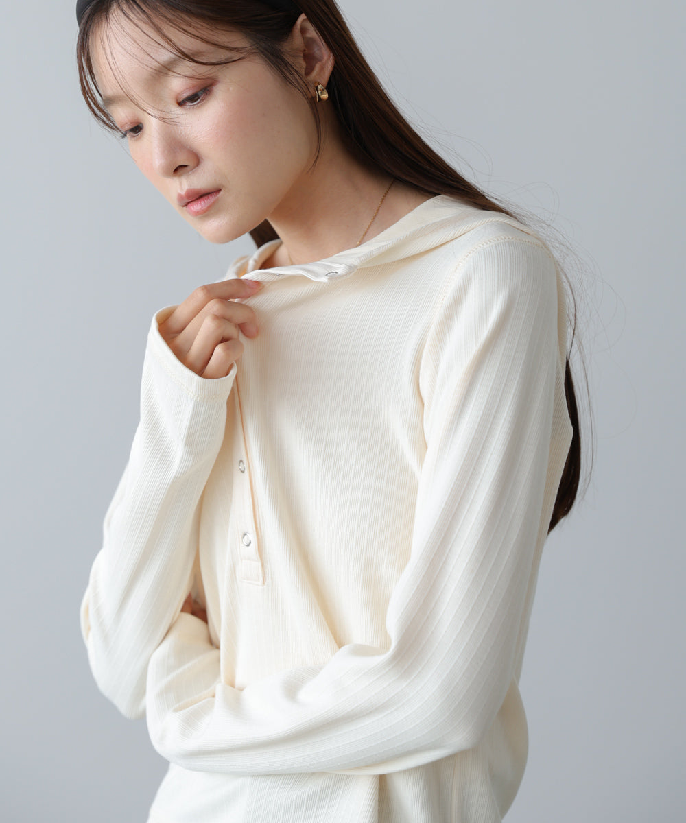 リブフーディーサムホール付カットトップス