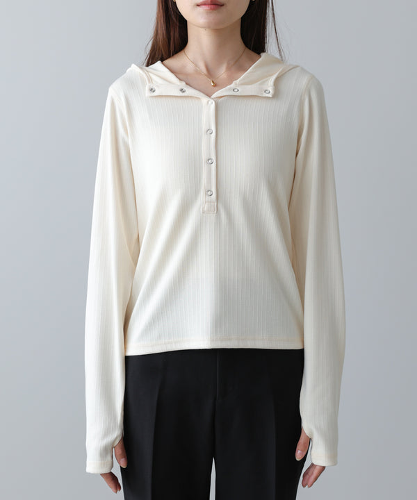 リブフーディーサムホール付カットトップス