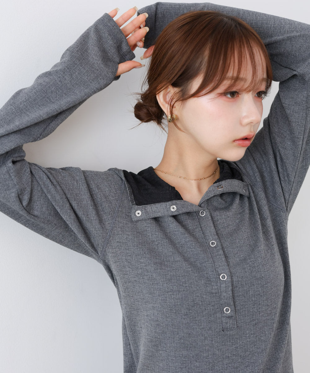 リブフーディーサムホール付カットトップス