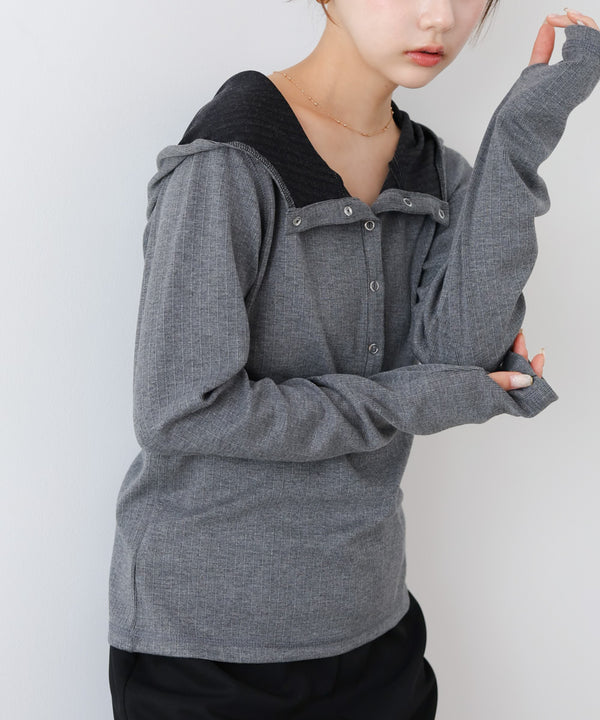 リブフーディーサムホール付カットトップス