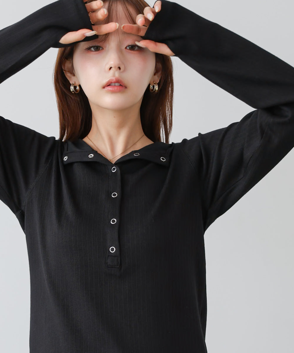 リブフーディーサムホール付カットトップス