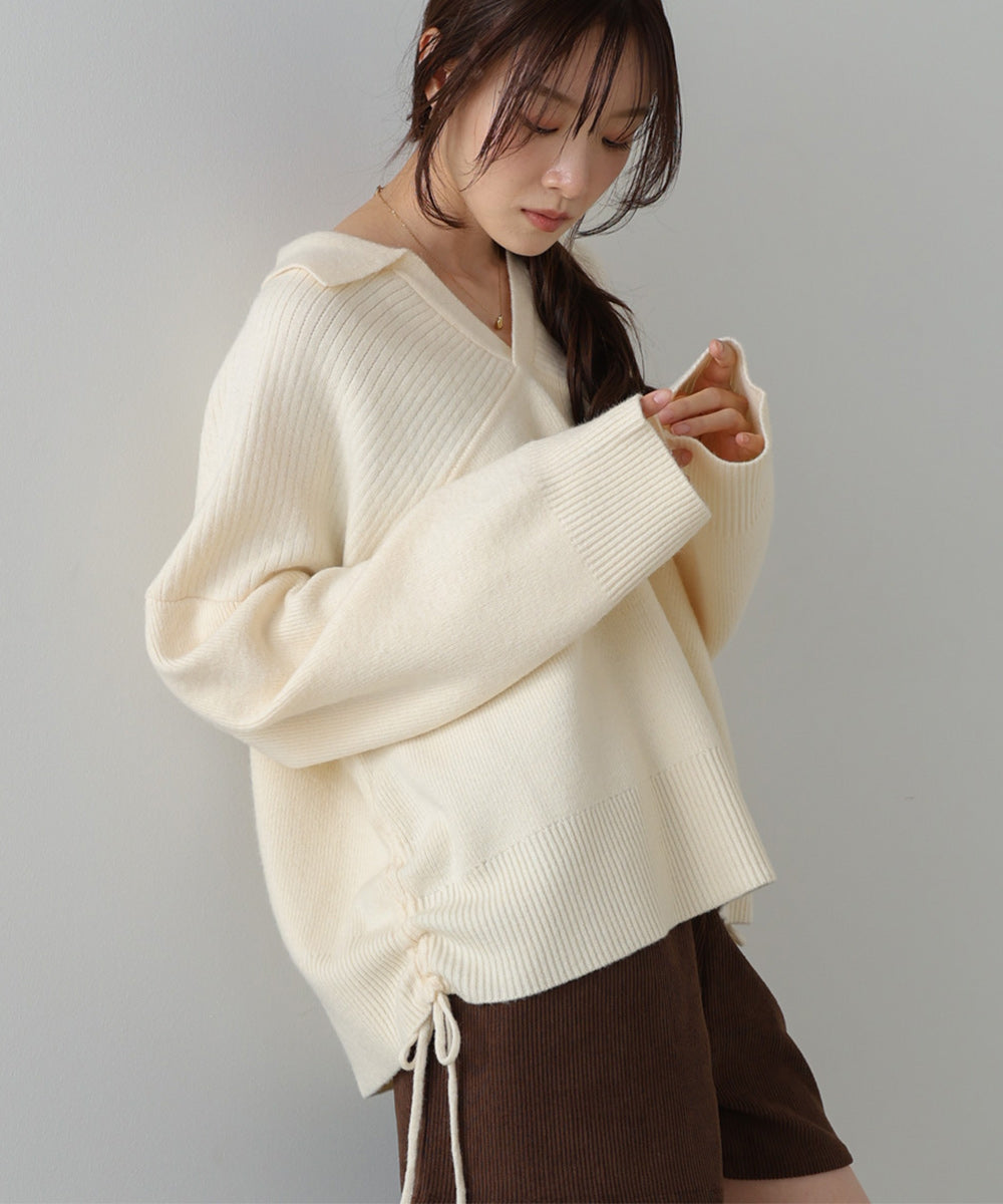 襟付きリブ切替サイドドロストニットトップス