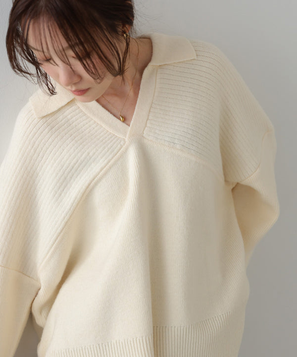 襟付きリブ切替サイドドロストニットトップス