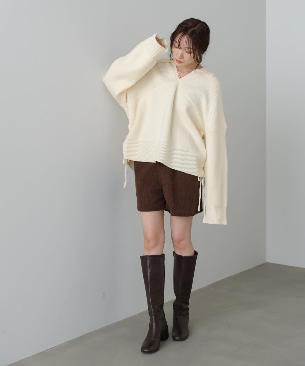 襟付きリブ切替サイドドロストニットトップス