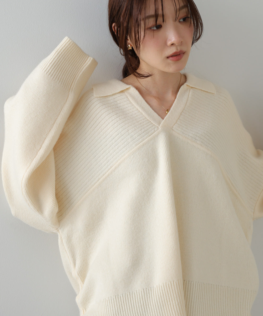 襟付きリブ切替サイドドロストニットトップス