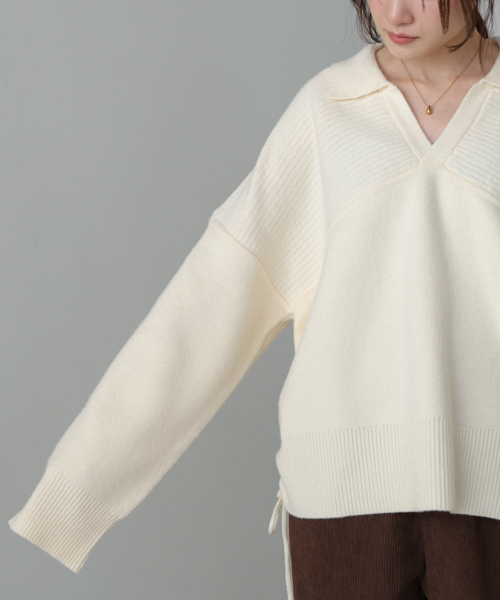 襟付きリブ切替サイドドロストニットトップス