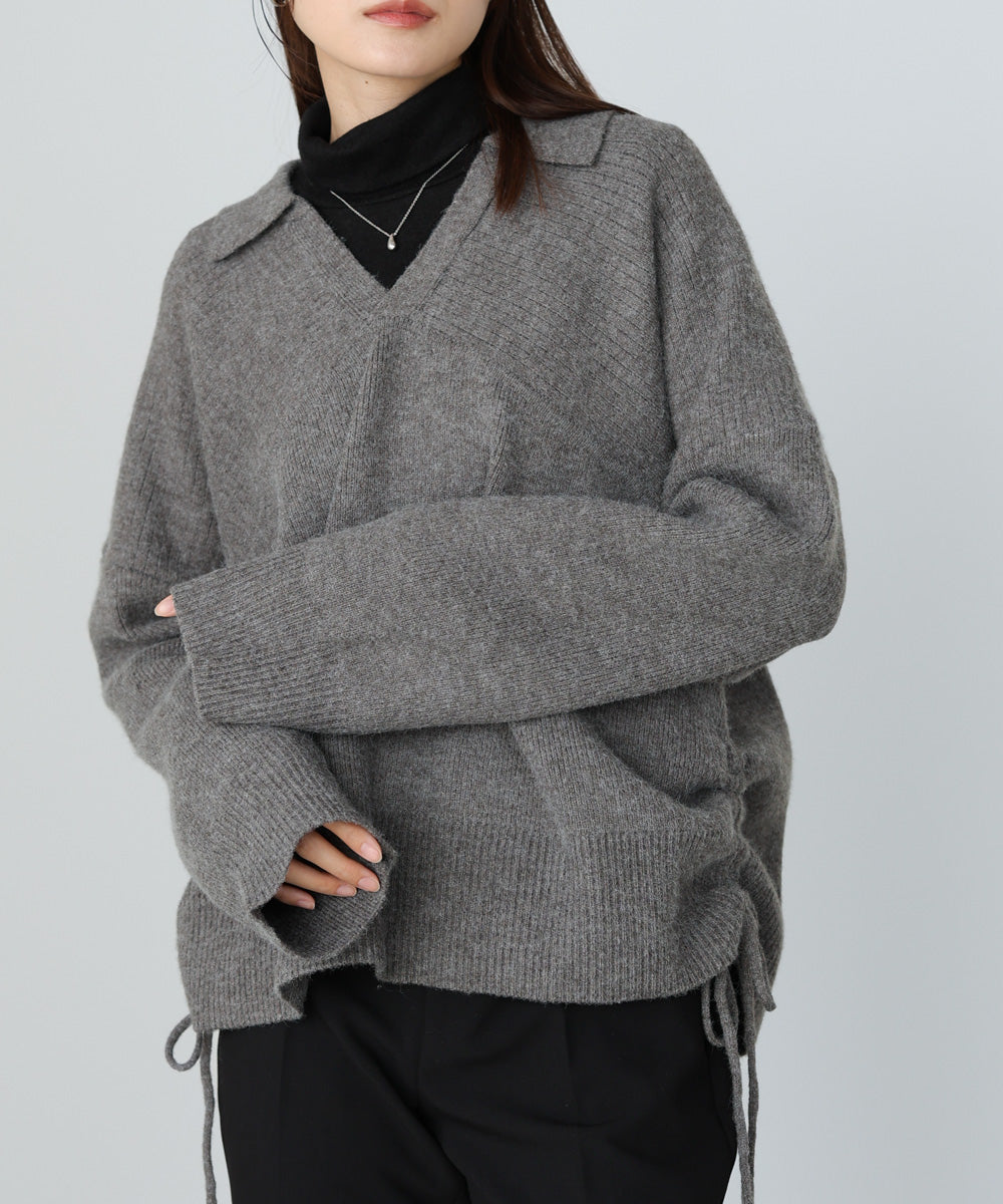 襟付きリブ切替サイドドロストニットトップス