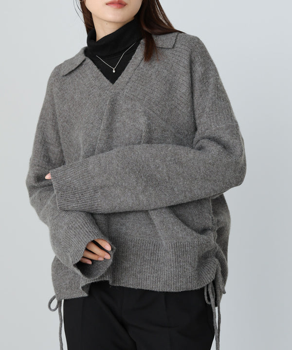 襟付きリブ切替サイドドロストニットトップス