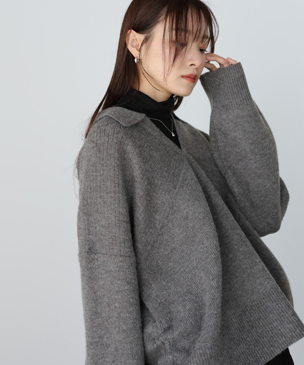 襟付きリブ切替サイドドロストニットトップス