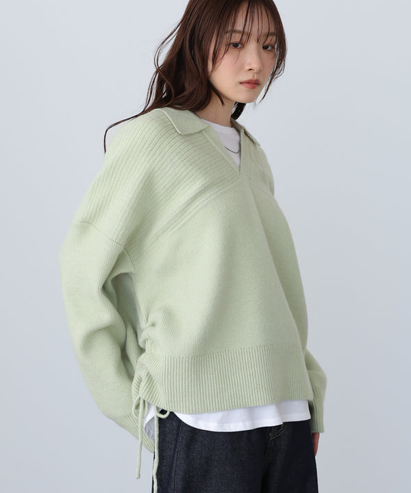 襟付きリブ切替サイドドロストニットトップス