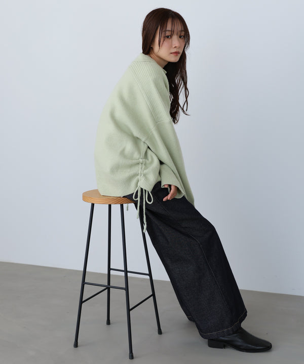 襟付きリブ切替サイドドロストニットトップス