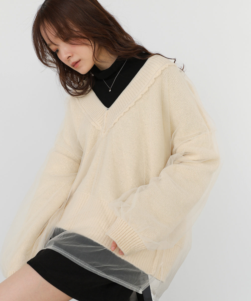 リバーシブルチュールレイヤードニット