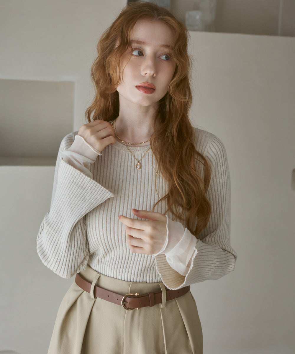 （選べるネック）チュールレイヤードリブニット