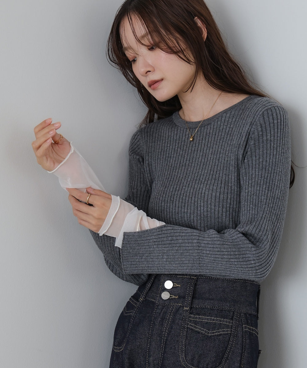 （選べるネック）チュールレイヤードリブニット
