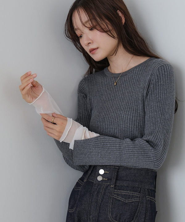 （選べるネック）チュールレイヤードリブニット