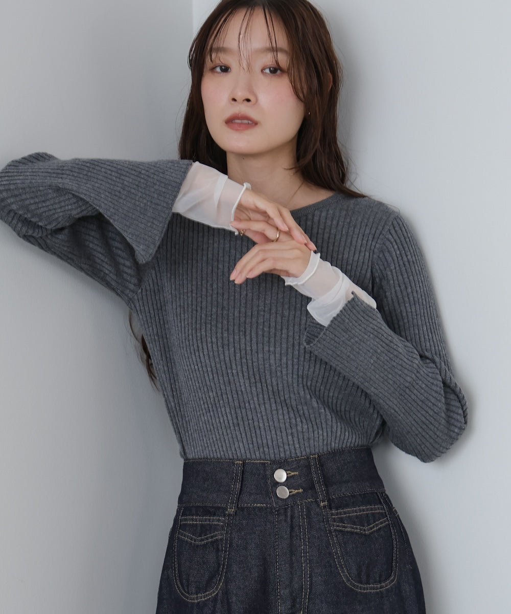 （選べるネック）チュールレイヤードリブニット