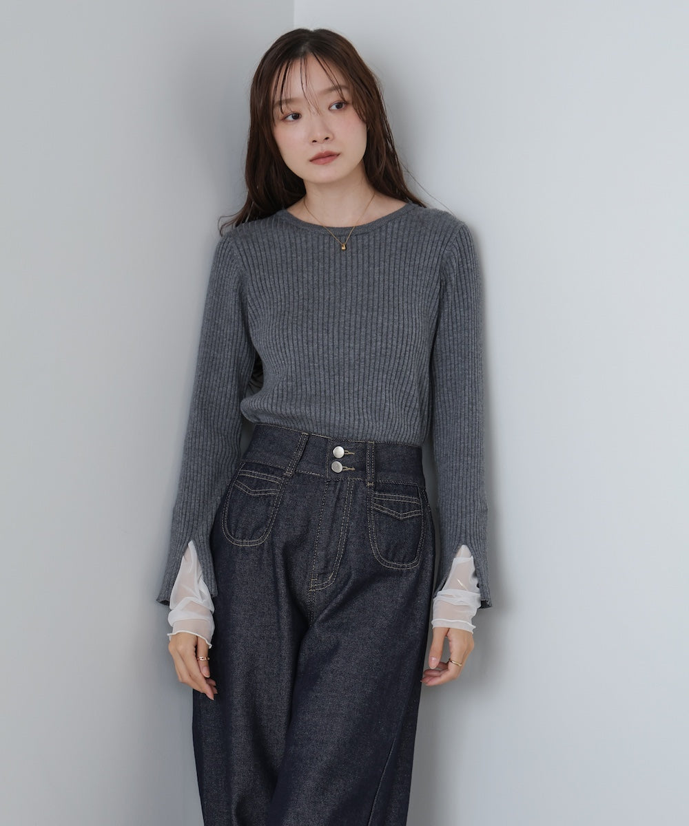 （選べるネック）チュールレイヤードリブニット