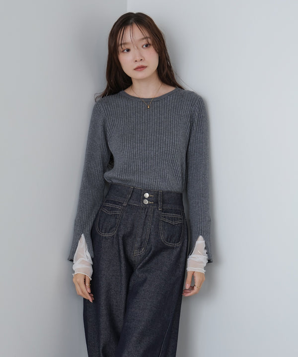 （選べるネック）チュールレイヤードリブニット