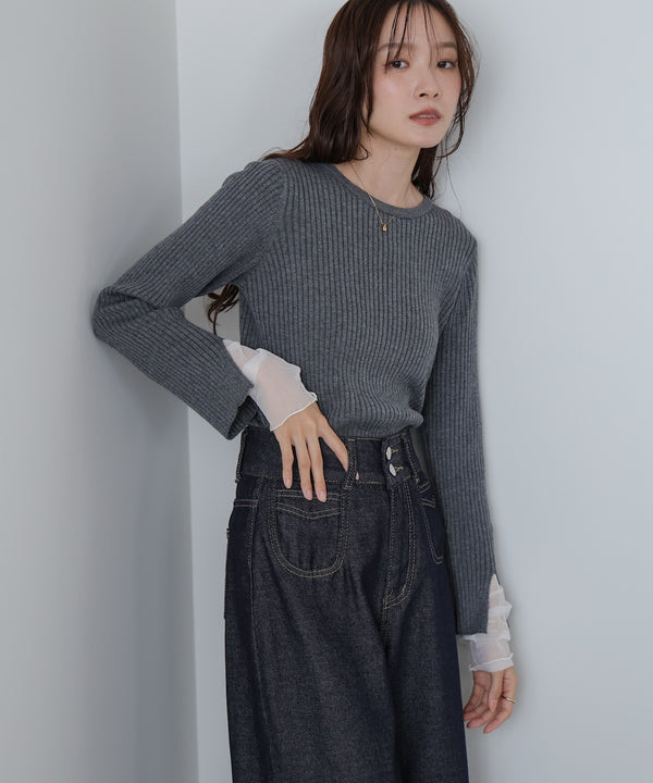 （選べるネック）チュールレイヤードリブニット