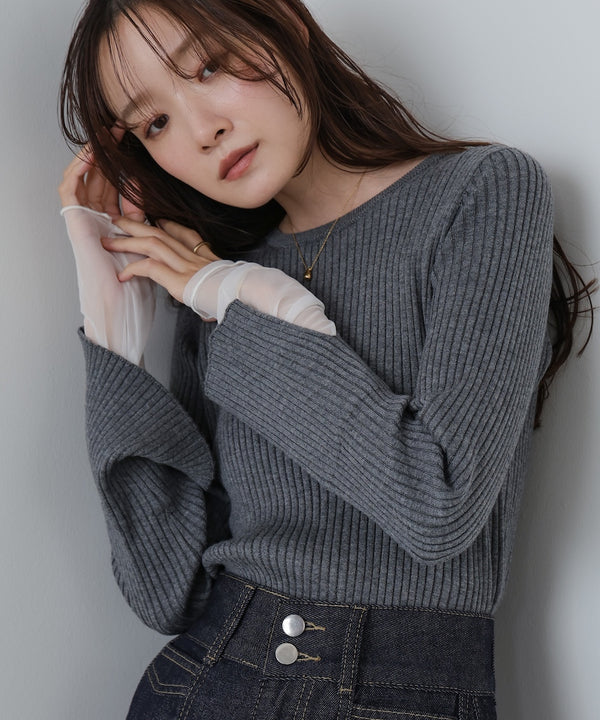（選べるネック）チュールレイヤードリブニット